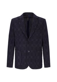 Blazer navy con motivo a quadri, chiusura a bottoni singoli, due tasche frontali e revers a punta. Tessuto texturizzato con interno liscio.