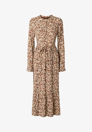 Brūna rakstaina gara piedurkne kleita ar apaļu kakla izgriezumu, plānu saistību jostasvietā un paplašinātu apakšmalu ar viļņotu malu.