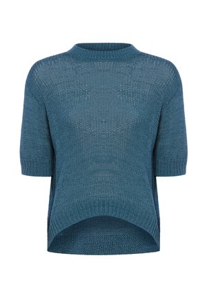 Blauer kurzärmeliger Strickpullover mit einem hoch-tiefen Saum und rundem Halsausschnitt, mit einem offenen Strickmuster.