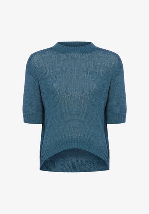 Blauer kurzärmeliger Strickpullover mit einem hoch-tiefen Saum und rundem Halsausschnitt, mit einem offenen Strickmuster.