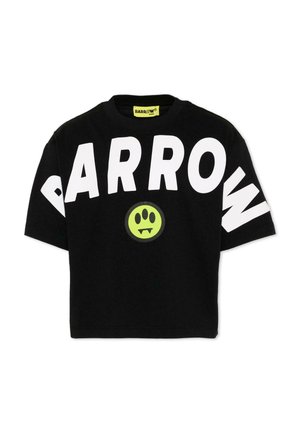 Czarny t-shirt z krótkim rękawem z dużym białym tekstem "BARROW" na przodzie i rękawach oraz zielonym okrągłym logo z trzema czarnymi owalami i wampirzymi kłami na środku.