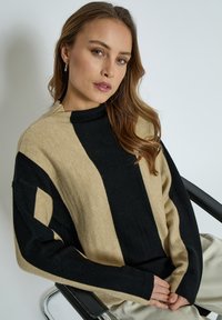 Beige- und schwarz gestreifter Pullover mit hohem Kragen und weiten Ärmeln, der eine weiche Textur und kontrastierende Farbblöcke aufweist.