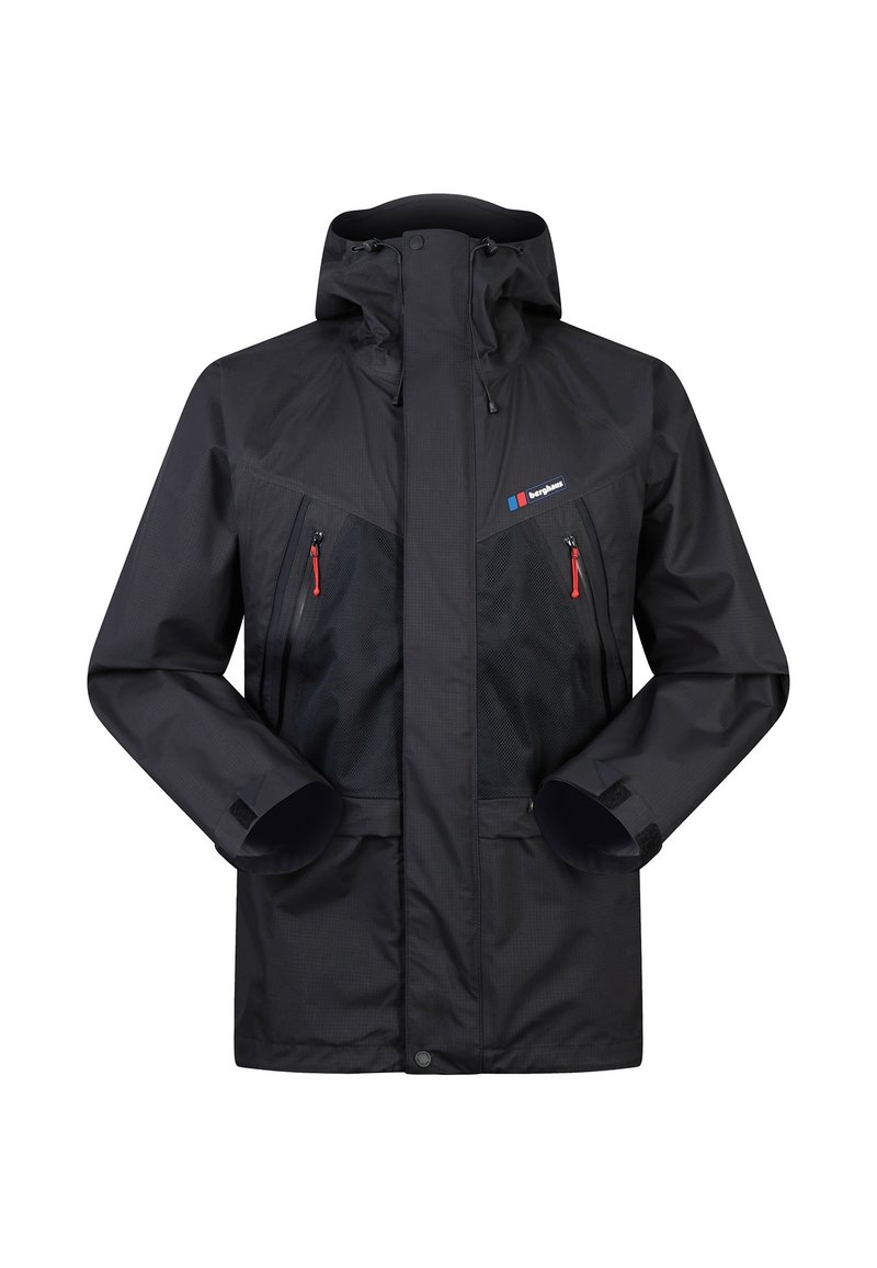 Schwarze wasserdichte Jacke mit Kapuze, ausgestattet mit roten Reißverschlusstaschen, verstellbaren Bündchen und einem strukturierten Stoff für Langlebigkeit.