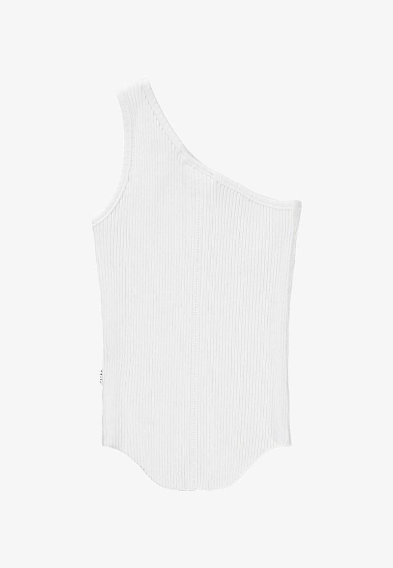 Débardeur blanc asymétrique à côtes avec une bretelle unique, présentant une finition texturée et un ourlet incurvé. Aucune marque visible.