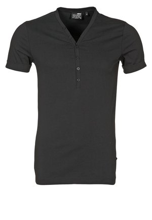 T-shirt henley noir à manches courtes avec cinq boutons et col en V, taille moyenne, design uni.