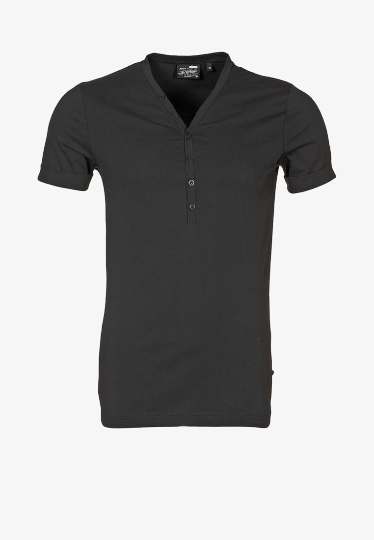 T-shirt henley noir à manches courtes avec cinq boutons et col en V, taille moyenne, design uni.