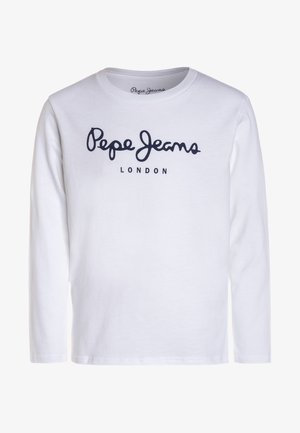 Biała, bawełniana koszulka z długim rękawem, z ciemnoniebieskim logo "Pepe Jeans London" nadrukowanym na wysokości klatki piersiowej. Okrągły dekolt.
