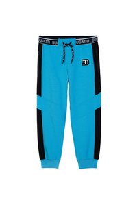 Blue sweatpants with black side panels, elastic waistband with drawstring, and Bugatti logo. Features zippered pockets and tapered cuffs.