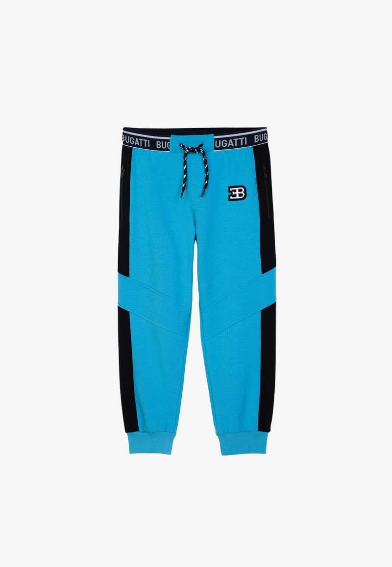 Blue sweatpants with black side panels, elastic waistband with drawstring, and Bugatti logo. Features zippered pockets and tapered cuffs.