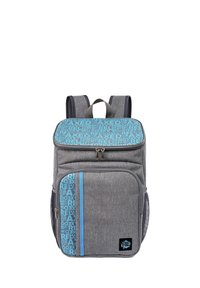 Gray fabric backpack with a blue patterned flap, two front pockets, and mesh side compartments. Features a top handle and padded shoulder straps.