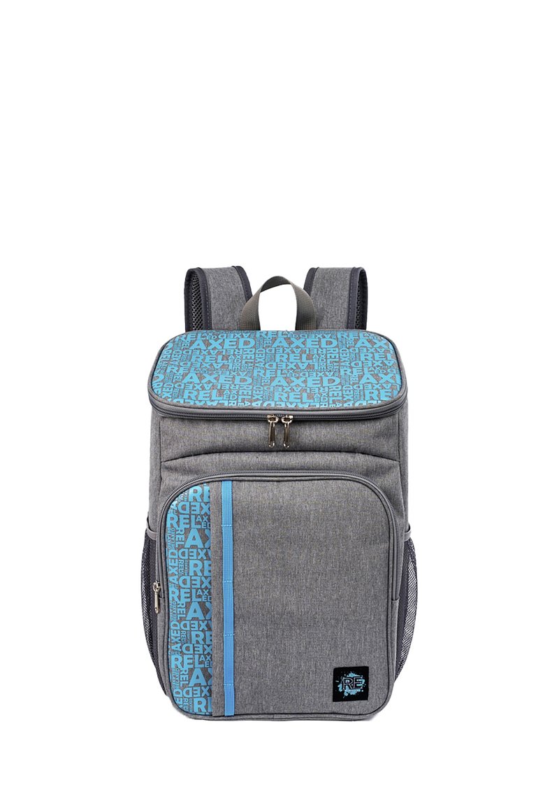 Gray fabric backpack with a blue patterned flap, two front pockets, and mesh side compartments. Features a top handle and padded shoulder straps.