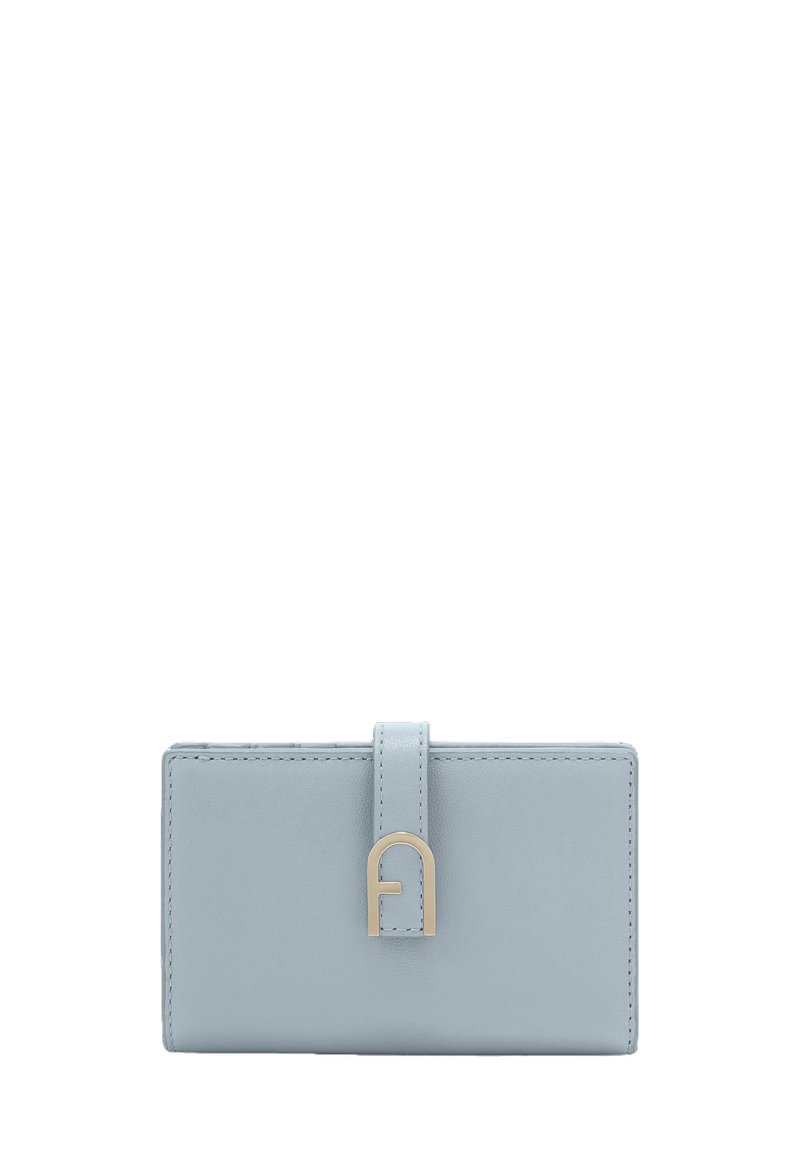 Light blue leather wallet with a gold-tone metal accent, rectangular shape, smooth texture, and a tab closure featuring an arch design.