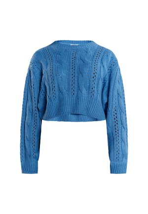 Pulover scurt albastru, confectionat dintr-un material tricotat. Prezintă un model cu tricot în cablu, un finisaj texturat, decolteu rotund larg și mâneci lungi.