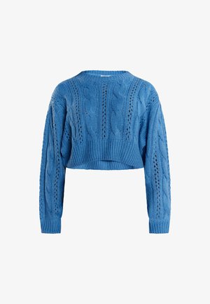 Pulover scurt albastru, confectionat dintr-un material tricotat. Prezintă un model cu tricot în cablu, un finisaj texturat, decolteu rotund larg și mâneci lungi.