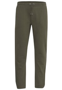 Olivgrüne Jogginghose aus einem Baumwollmischgewebe, mit einem elastischen Bund mit Kordelzug, geschlossenen Bündchen und seitlichen Taschen.