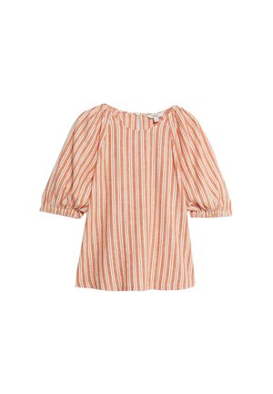 Blouse à rayures verticales orange et blanche avec manches bouffantes mi-longues et col rond.