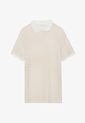Beige og hvid stribet polo skjorte med krave og halv lynlås. Den har struktureret stof og korte ærmer.