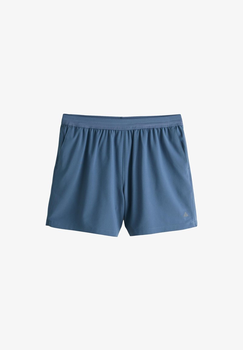 Shorts de sport bleus avec ceinture élastique et poches latérales, confectionnés en tissu léger, présentés sur fond blanc.