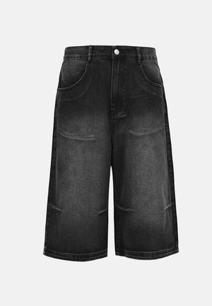 Sorte denimshorts med en falmet finish, lige ben-design, fem-lomme stil og en sølvknap i front ved taljen.