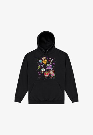 Felpa con cappuccio nera con personaggi colorati in stile cartone animato, fetta di pizza, stelle, teschi e cuori che formano una grafica giocosa sul davanti al centro.