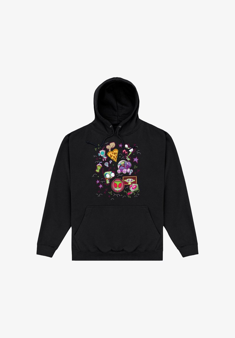 Sweat à capuche noir avec des personnages colorés de style cartoon, une part de pizza, des étoiles, des crânes et des cœurs formant un graphisme ludique au centre avant.