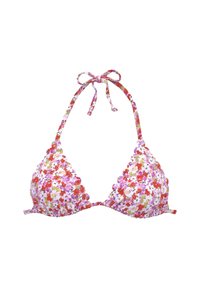 Bikini zgornji del z rožami v rožnati, rdeči in vijolični barvi, trikotne oblike, nastavljive zanke, valoviti robovi in lahka, teksturirana tkanina.