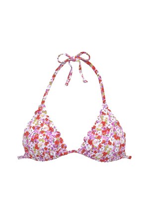 Ziedu bikini blūze ar rozā, sarkaniem un violetiem ziediem, trīsstūra formā, ar regulējamiem saitēm, viļņainiem malām un vieglu, teksturētu audumu.