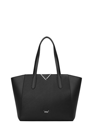 Black tote bag made of textured leather, featuring two handles, a V-shaped accent, and a small silver logo at the base.