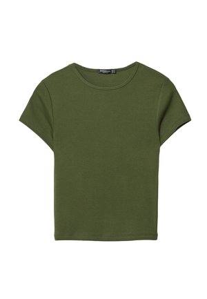 T-shirt à manches courtes vert olive en coton. Doté d'un col rond et d'un design simple et discret sans motifs ni accents visibles.