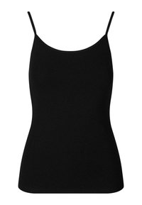 Black camisole tank top with thin straps, made of smooth fabric. Straight fit with a rounded neckline, no patterns or accents.