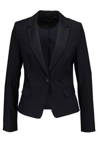 Blazer noir femme à un bouton, avec col à revers crantés, manches longues et deux poches avant à rabat, présenté sur fond blanc uni.