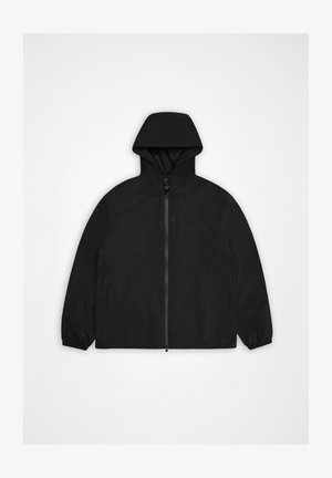 Svart hettejakke med glidelås foran, elastiske mansjetter og sidelommer, lagt flatt på hvit bakgrunn.