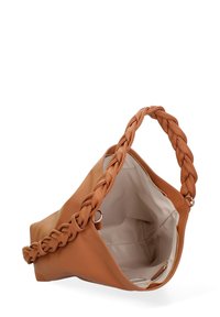 Bruine neplederen tote bag met een gevlochten handvat, ritssluiting en een lichtbeige interieur. Voorzien van een zijvak met rits voor extra opbergruimte.