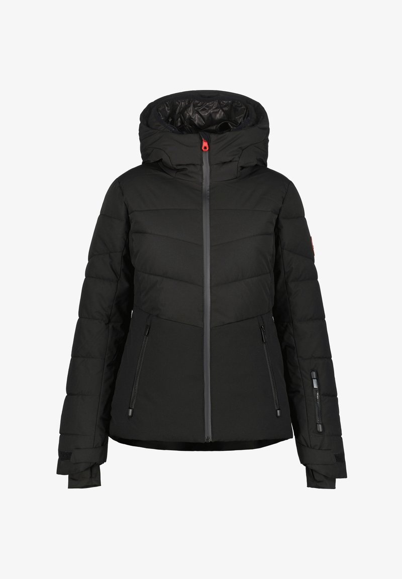 Sort pufferjakke med hætte, med lynlås foran, sidelommer og en quiltet tekstur. Grå accentdetaljer på lynlåsen.
