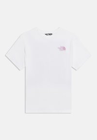 Biały T-shirt z krótkim rękawem, z małym różowym logo "The North Face Yosemite, CA" na lewej piersi oraz okrągłym dekoltem.