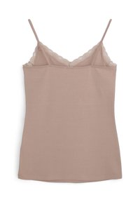 Canotta color marrone chiaro con spalline regolabili e un bordo in pizzo lungo il collo. Tessuto morbido con un design aderente.