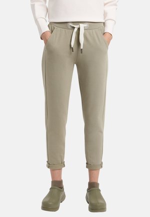Light olive green joggers with a tapered fit, elastic waistband, white drawstring, side pockets, and rolled cuffs above the ankle.