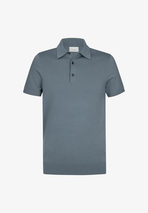 Kurzärmeliges Polohemd in gedämpftem Blau, gerippte Textur, dreiknöpfiger Verschluss, klassischer Kragen, gerader Saum, weicher Stoff.