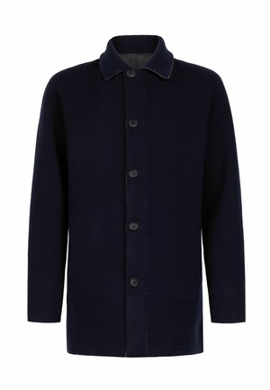 Dunkel marineblauer Mantel mit langen Ärmeln, einem Kragen und fünf vorderen Knöpfen, ausgestattet mit einem geraden Schnitt und zwei Fronttaschen.