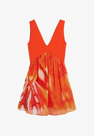 V-kaelusega kleit, millel on ühtlane oranž ülaosa ja laiad, lillemustrilised seelikud erksates oranži ja punase tooni variatsioonides. Sile tekstuur, ilma varrukateta.