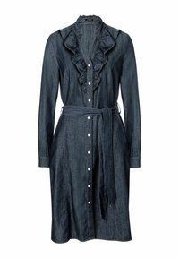Denimmekko pitkilla hihoilla, röyhelökaulus, napitus edessä, säädettävä vyötärösolki ja kontrastiväriset ompeleet.