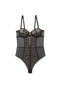 Maillot de cuerpo negro de malla con copas transparentes, volantes texturizados, tirantes ajustables y un diseño de pierna de corte alto. Las secciones semitransparentes crean un efecto de capas.