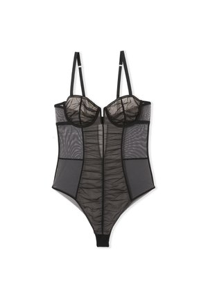 Body en maille noire avec des bonnets transparents, des volants texturés, des bretelles ajustables et une coupe haute au niveau des jambes. Des sections semi-transparentes créent un effet superposé.