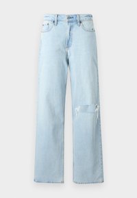 Light blue denim jeans with a wide-leg fit, featuring a distressed knee and classic five-pocket design. Smooth texture, casual style.