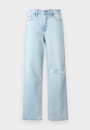 Heledad sinine denim, laia jala istuvusega, millel on kulunud põlv ja klassikaline viie taskuga disain. Sujuv tekstuur, iga päev kasutamiseks sobiv stiil.