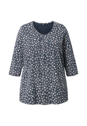 N�ámořnická modrá blůza s výstřihem do V a tříčtvrtečními rukávy, s bílým květinovým vzorem na látce. Měkká textura a pohodlný střih.