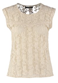 Top in pizzo beige, con motivi floreali e scollatura rotonda. Inclusi un bordo testurizzato e maniche a cappuccio. Tessuto trasparente con una finitura liscia.