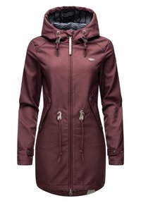 Maroon hoodie met rits aan de voorkant, trekkoorden en ritszakken. Voorzien van een gestreepte binnenvoering en verstelbare manchetten. Soepele textuur.