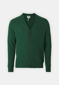 Grüner, kabelstrickartiger Cardigan mit V-Ausschnitt, langen Ärmeln, Knöpfen vorne sowie gerippten Bündchen und Saum. Das Material wirkt weich und strukturiert.