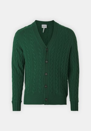 Cardigan verde a maglia con scollo a V, maniche lunghe, bottoni frontali e polsini e orlo a costine. Il materiale sembra morbido e con una buona texture.